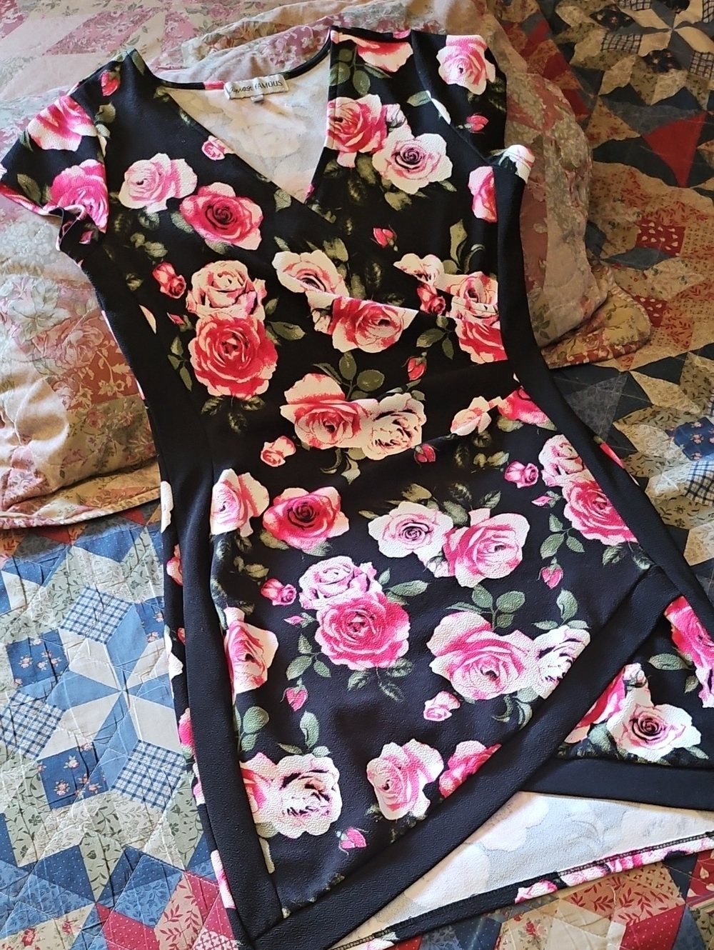 Almost Famous Black Dress with Pink Rose Print
